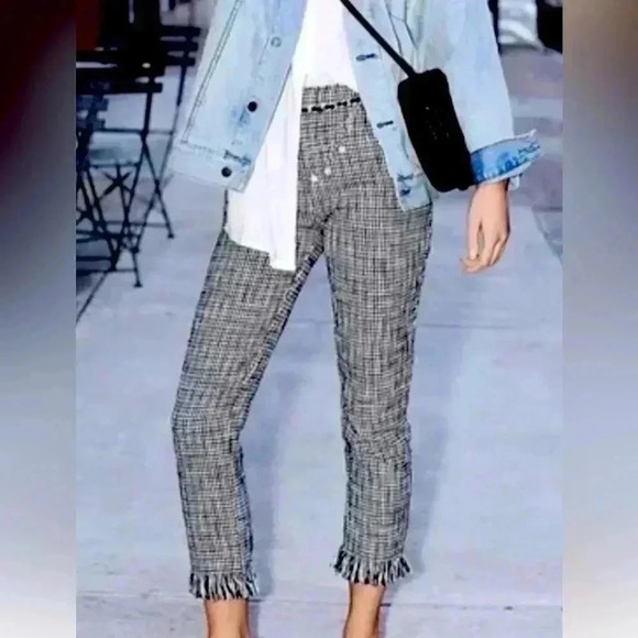 Free People Cotton Tweed  high waisted Pants with fringe on bottom Size 2 - Picture 1 of 9